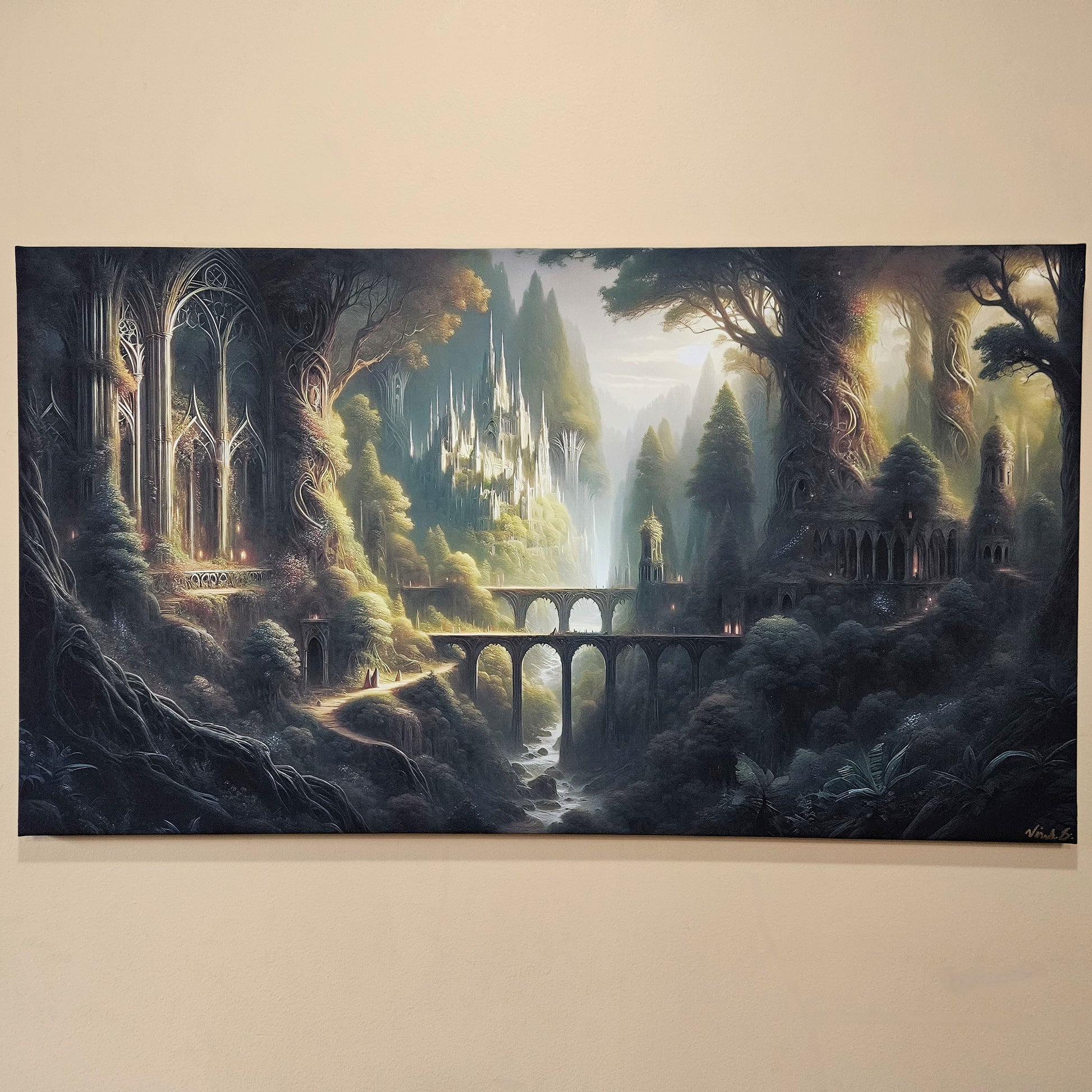 Fantasy landscape painting with a bridge and architectural elements in a forest setting.
