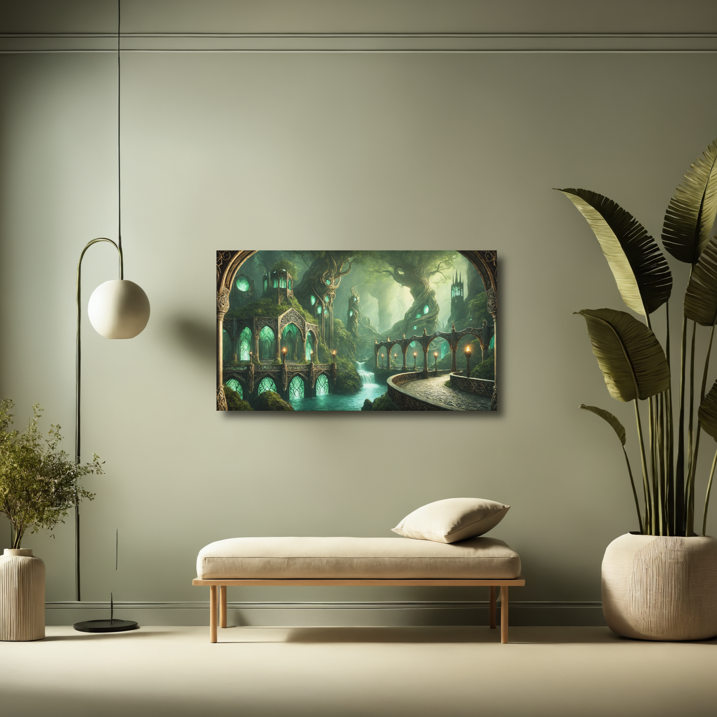 Framed artwork of a fantasy landscape on a wall in a modern living room.